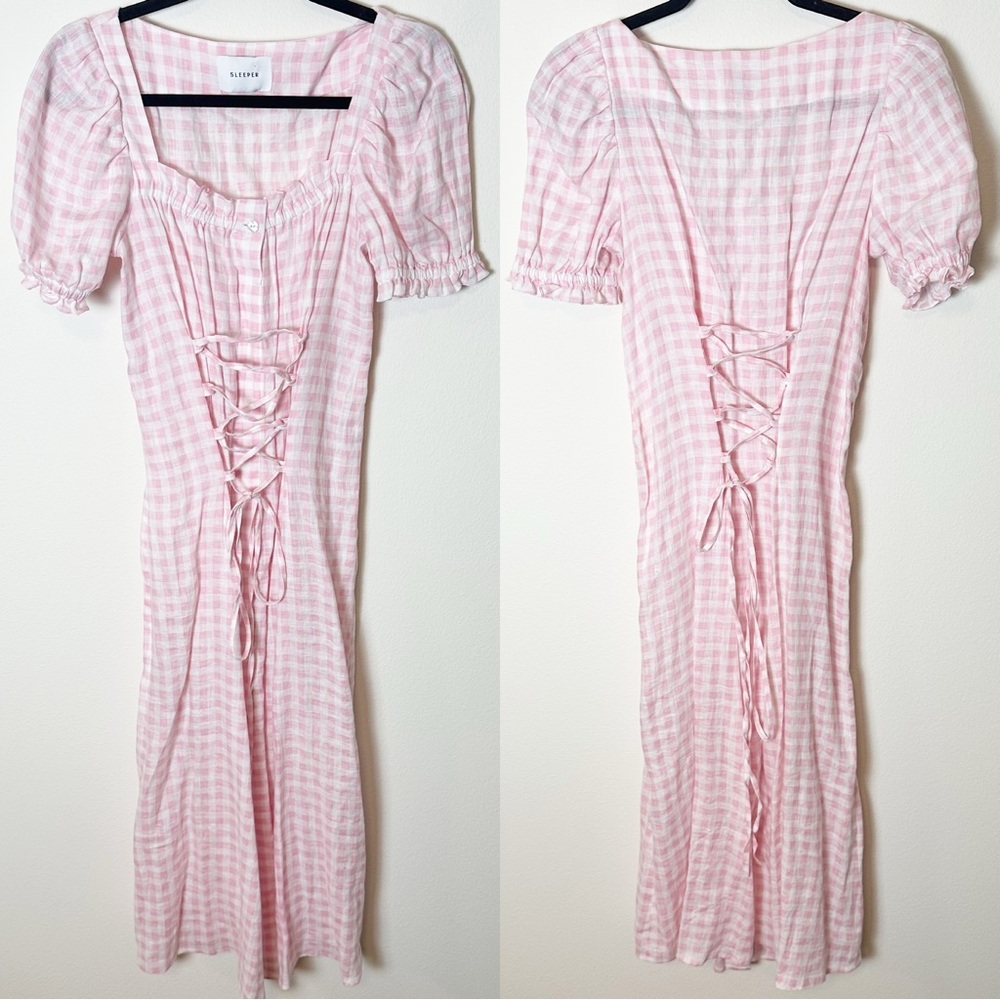 Sleeper Marquise Midi Dress Linen Pink Vichy Pink White Gingham Lace Up Medium - Picture 3 of 9
